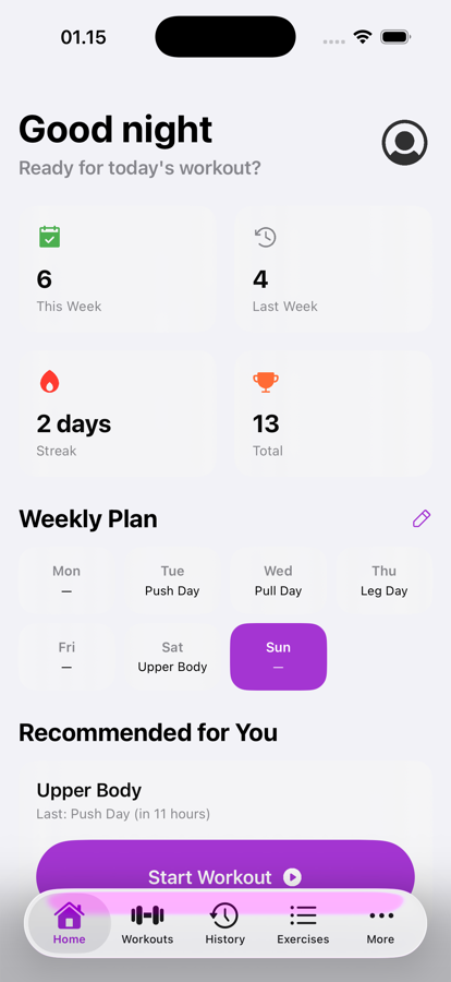 Anvil Workout dashboard showing weekly workout count, streak, weekly plan, and recommended next workout