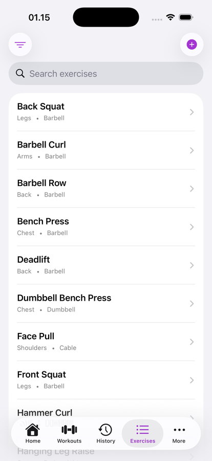 Exercise library showing built-in exercises by name, muscle group, and equipment