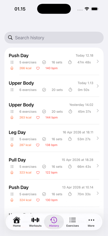 Workout history showing recent sessions with duration, calories, and heart rate