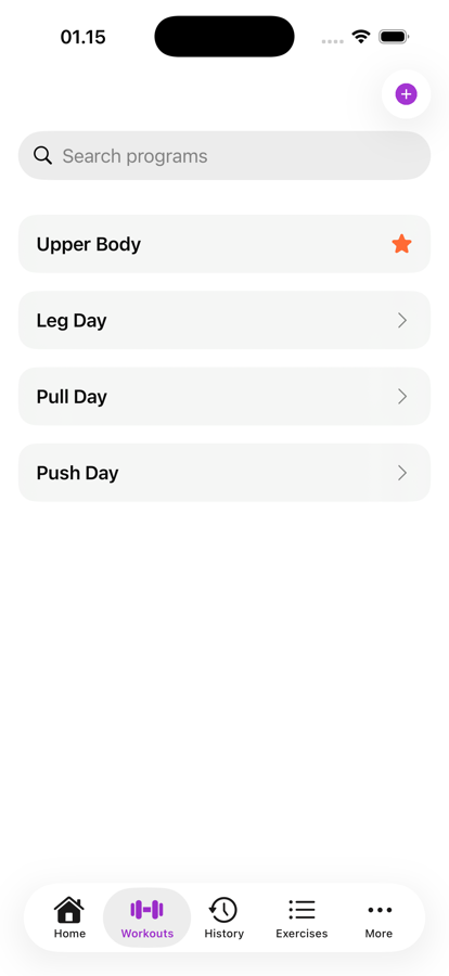 Workout programs list with Upper Body marked as favorite, plus Leg Day, Pull Day, and Push Day